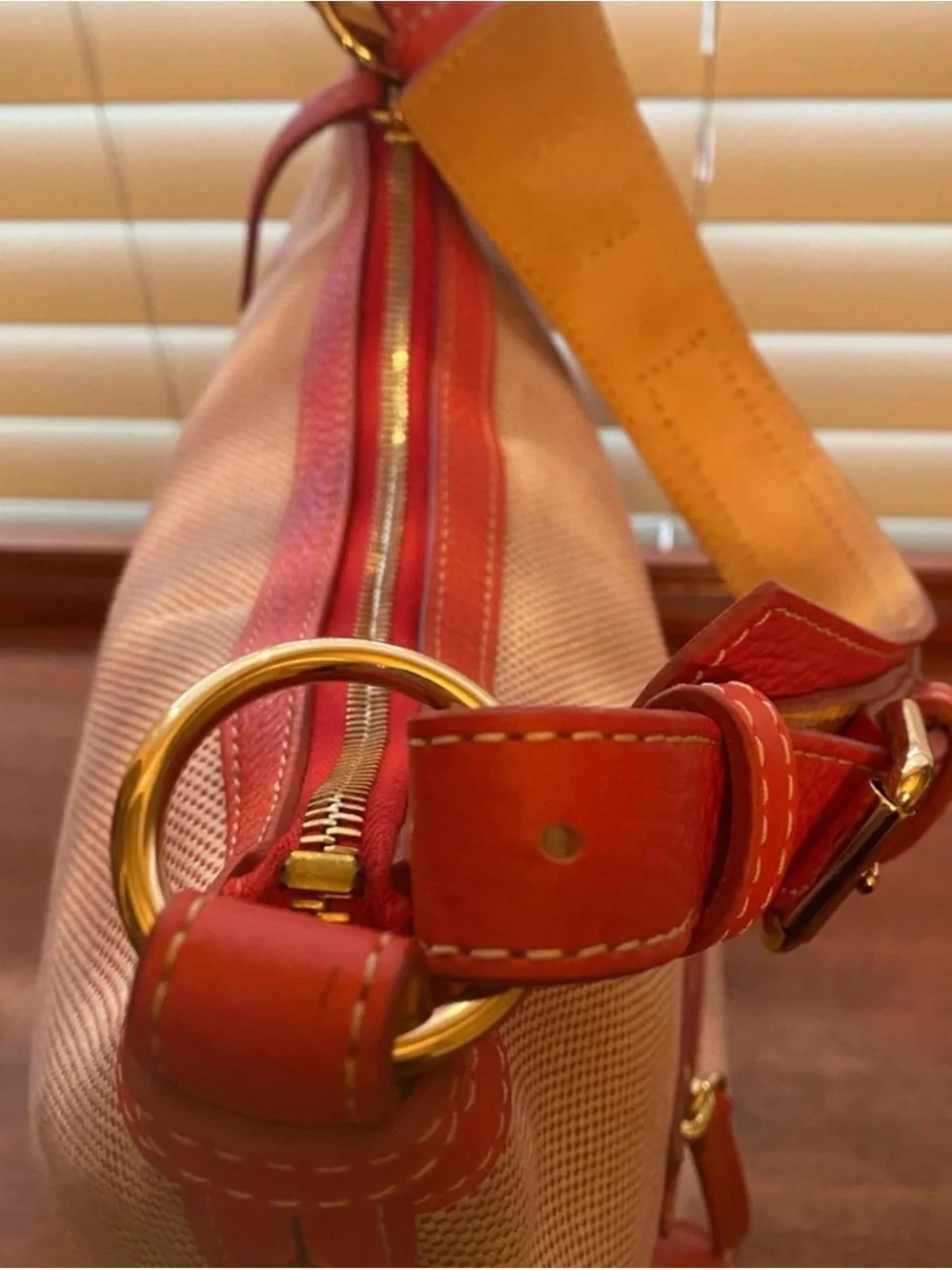 Dooney & Bourke Beige Canvas Shoulder Bag with Orange Leather Trim